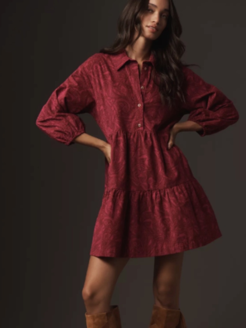 Anthropologie Maeve Bettina Tiered Mini Corduroy Shirt Dress Paisley Pink Size S